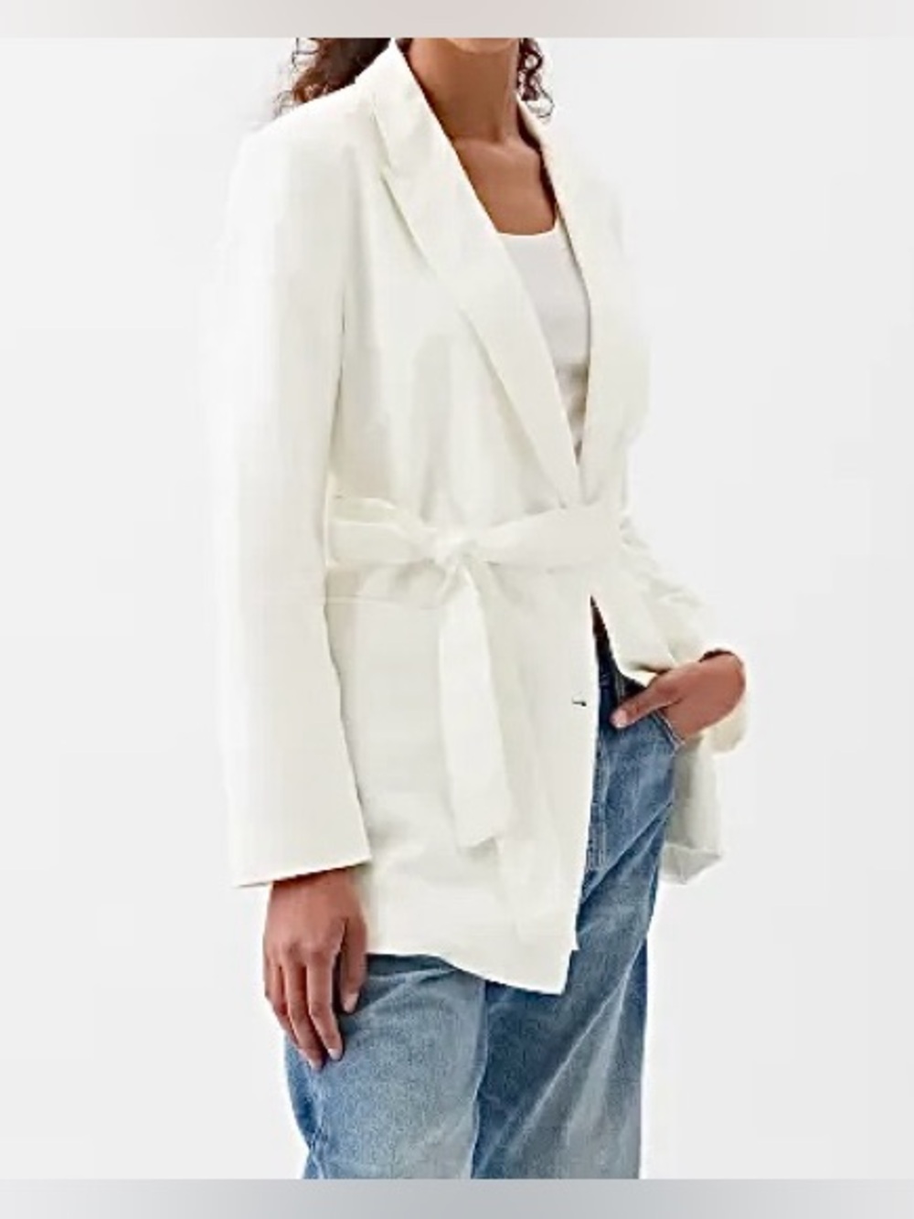 GAP Off White Linen-Cotton Belted Double Breasted Blazer: Petite Medium